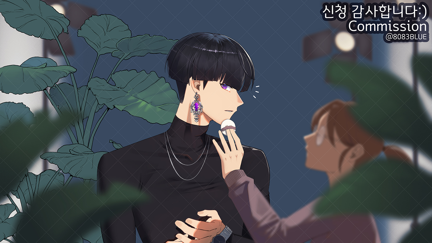 8083 blue, hoshina soshiro, kaijuu no. 8, commission, 1boy, 1girl, applying another's makeup, applying makeup, artist name, black hair, black shirt, bowl cut, collarbone, earrings, jewelry, long sleeves, looking at viewer, parted lips, powder puff, purple eyes, round eyewear, shirt, upper body, watch, wristwatch