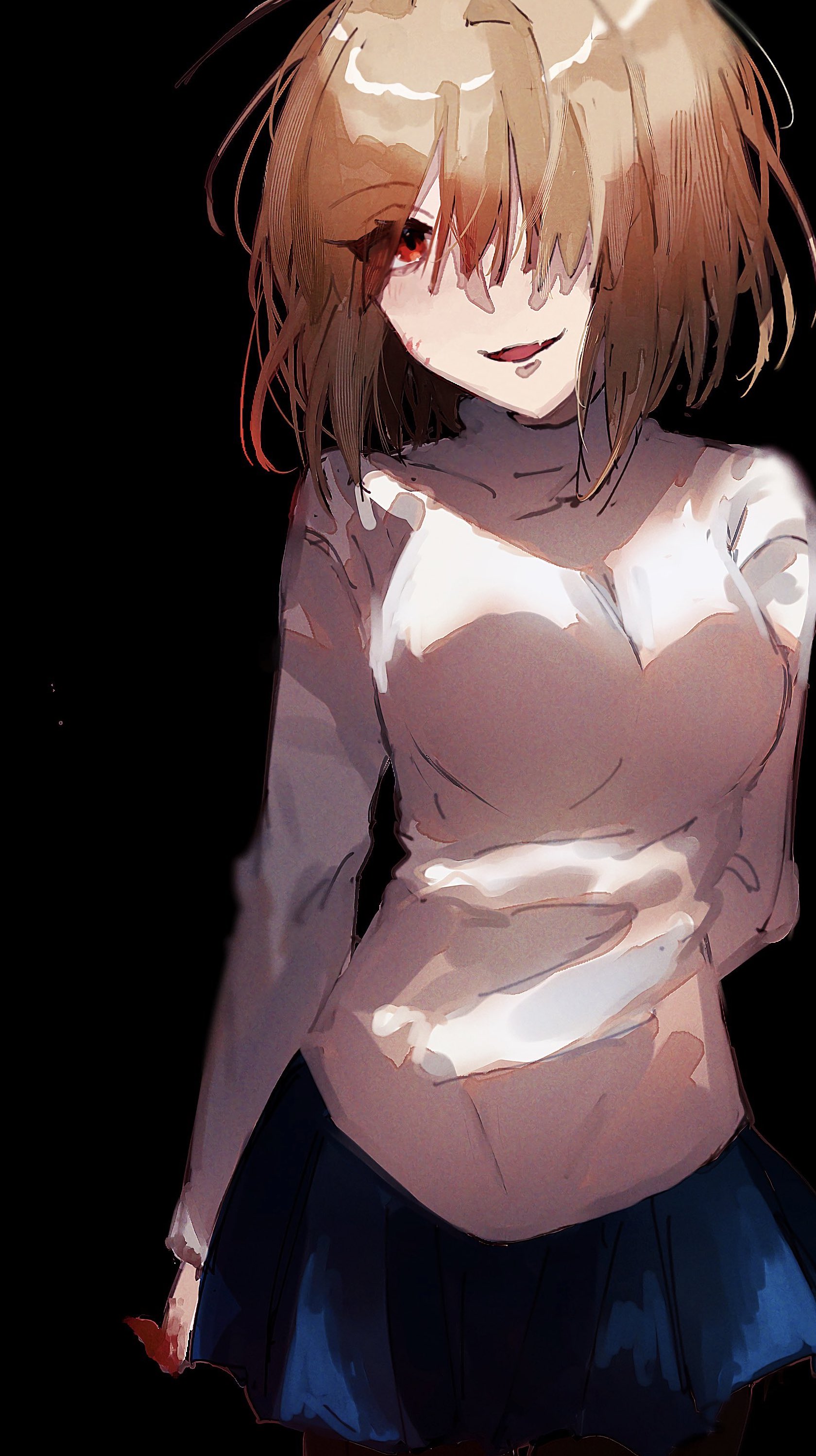 sungoidekame, arcueid brunestud, tsukihime, tsukihime (remake), absurdres, highres, 1girl, arm behind back, black background, blood, blood on face, blood on hands, blue skirt, blush, breasts, fang, hair over one eye, miniskirt, red eyes, skin fang, skirt, smile, sweater, turtleneck, turtleneck sweater, wavy hair, white sweater