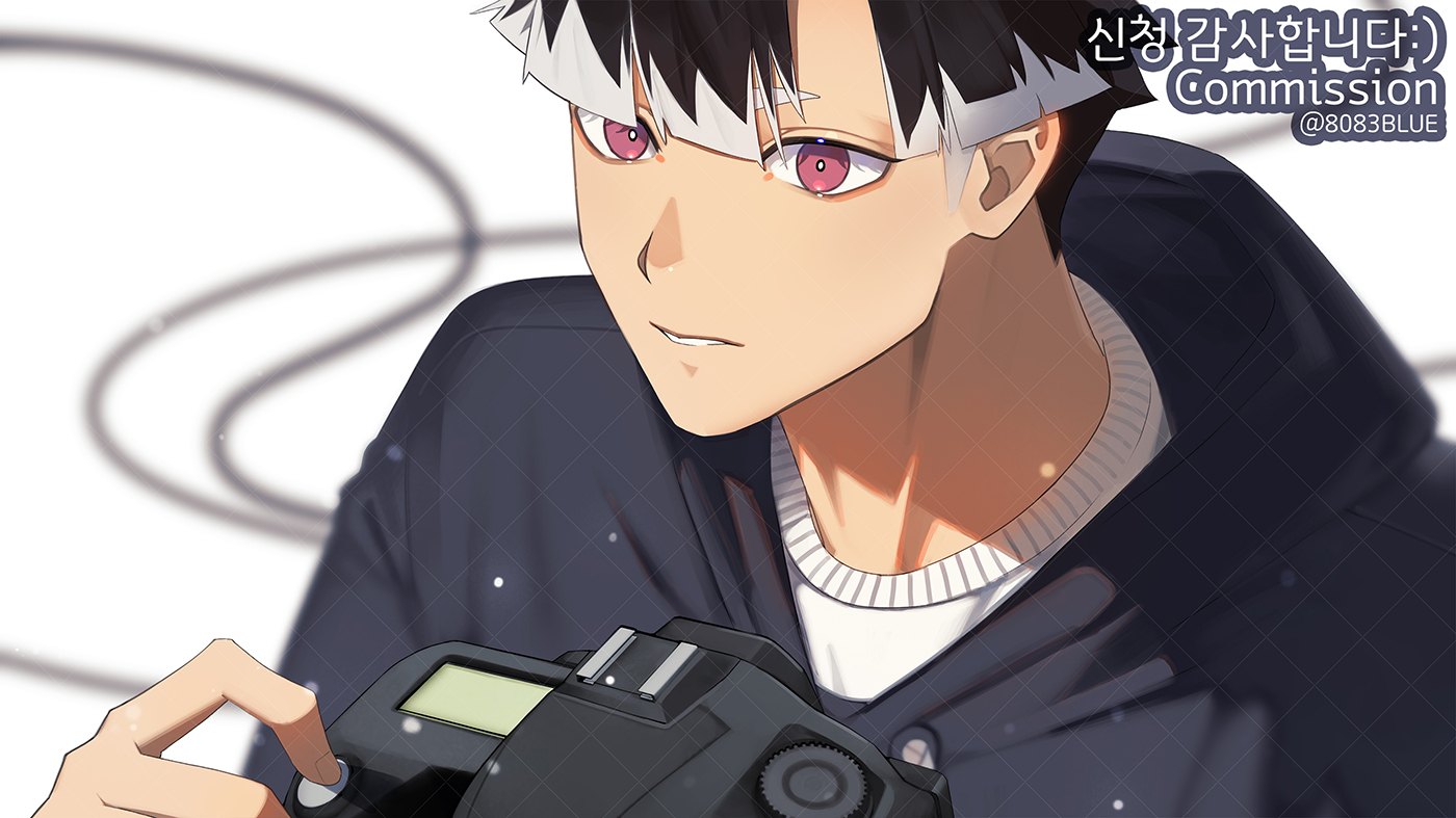 8083 blue, narumi gen, kaijuu no. 8, commission, 1boy, black hair, bright pupils, cable, camera, holding, holding camera, hood, hood down, long sleeves, looking at viewer, male focus, parted lips, pink eyes, shirt, short hair, simple background, solo, upper body, white background, white pupils, white shirt