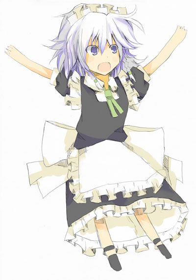 matsushita yuu, izayoi sakuya, touhou, silver hair, 1girl, :o, apron, blue eyes, female focus, full body, hairband, jumping, maid, maid apron, maid headdress, necktie, open mouth, ribbon, short hair, simple background, solo