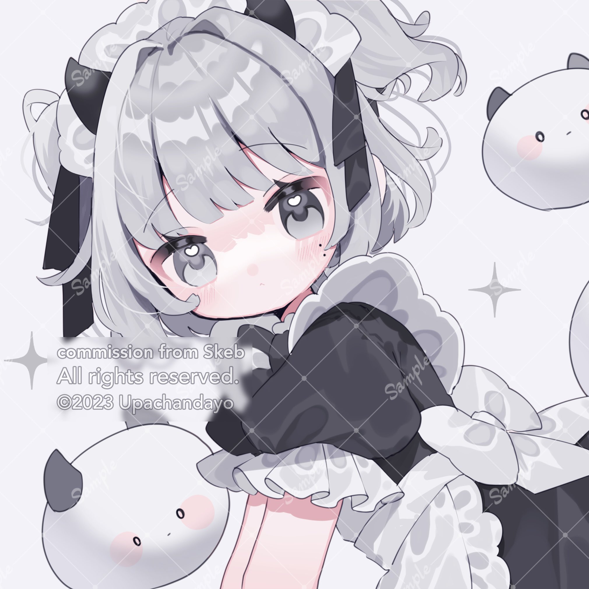 upa papa co, original, commentary, commission, highres, skeb commission, 1girl, apron, artist name, back bow, black dress, black ribbon, blunt bangs, blush, bow, closed mouth, dress, frilled apron, frilled sleeves, frills, grey background, grey eyes, grey hair, hair ribbon, looking at viewer, maid, maid headdress, ribbon, sample watermark, short hair, short sleeves, simple background, solo, sparkle, two side up, upper body, waist apron, watermark, watermark grid, white apron, white bow