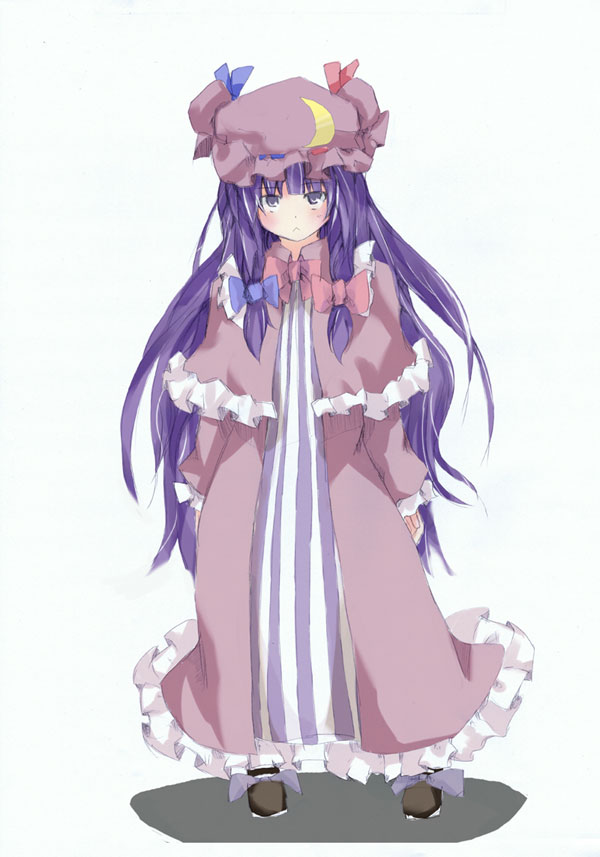 matsushita yuu, patchouli knowledge, touhou, 1girl, :<, blush, bow, crescent, dress, female focus, hat, long hair, pink bow, purple eyes, purple hair, ribbon, solo, standing, very long hair