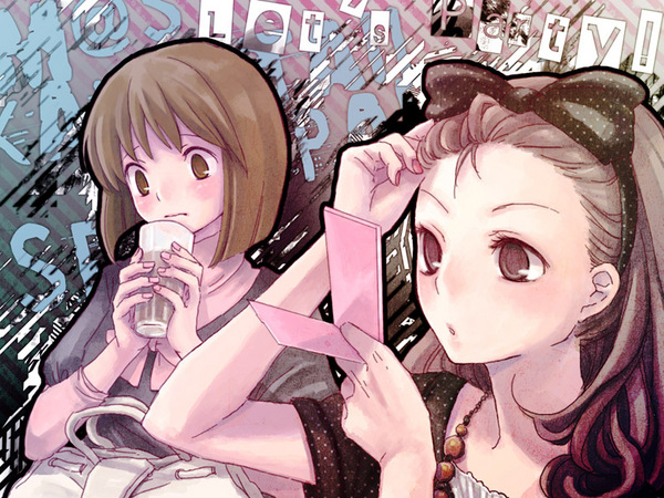 nogoodlife, hagiwara yukiho, minase iori, idolmaster, idolmaster (classic), image sample, pixiv sample, resized, 00s, brown hair, drink, glass, hairband, long hair, mirror, short hair