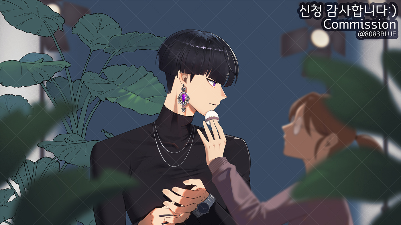 8083 blue, hoshina soshiro, kaijuu no. 8, commission, 1boy, 1girl, applying another's makeup, applying makeup, artist name, black hair, black shirt, bowl cut, collarbone, earrings, jewelry, long sleeves, looking at another, looking at viewer, necklace, parted lips, powder puff, purple eyes, round eyewear, shirt, upper body, watch, wristwatch