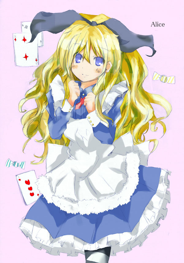 matsushita yuu, alice (alice in wonderland), alice's adventures in wonderland, 1girl, apron, blonde hair, blue eyes, card, dress, female focus, floating card, frills, hair ribbon, long hair, pantyhose, ribbon, solo, standing