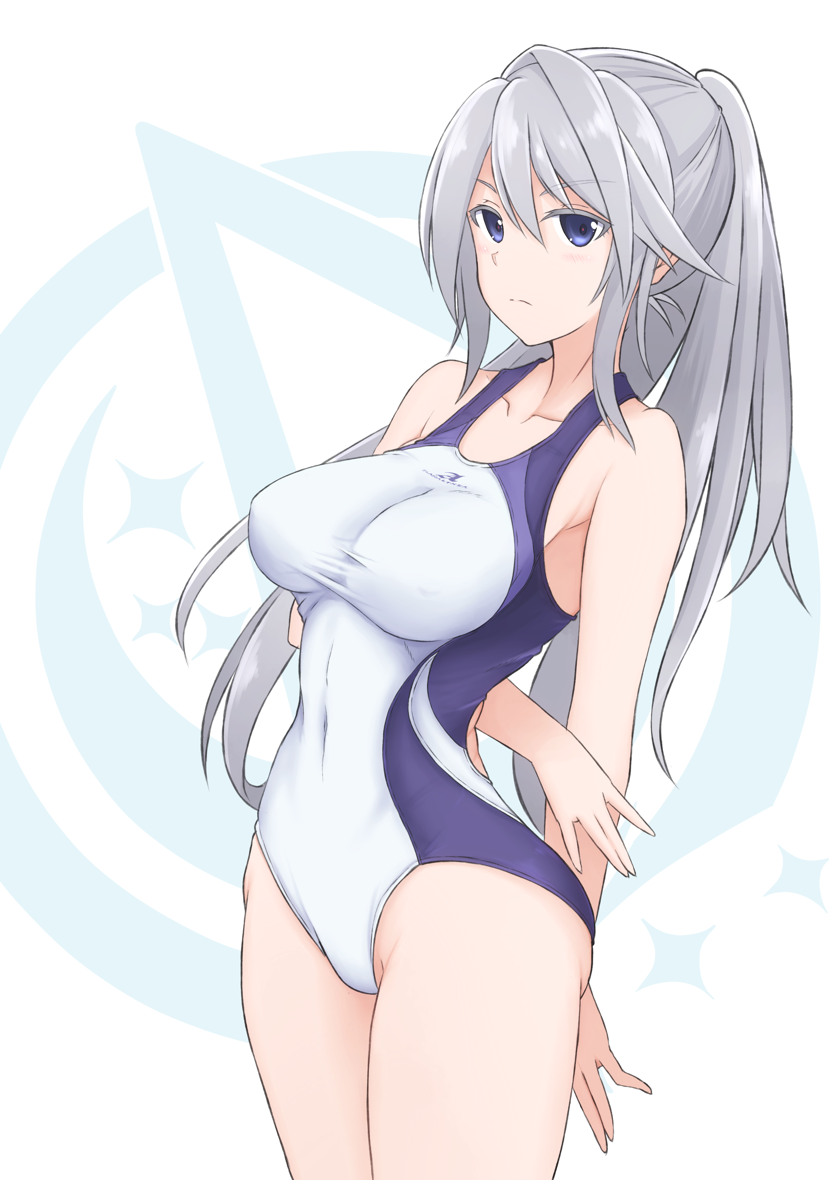 tubamesaapoo, kondou chieri, alice gear aegis, absurdres, highres, 1girl, blue eyes, blush, breasts, competition swimsuit, cowboy shot, grey hair, large breasts, long hair, looking at viewer, one-piece swimsuit, ponytail, smile, solo, swimsuit, two-tone one-piece swimsuit, white background, white one-piece swimsuit
