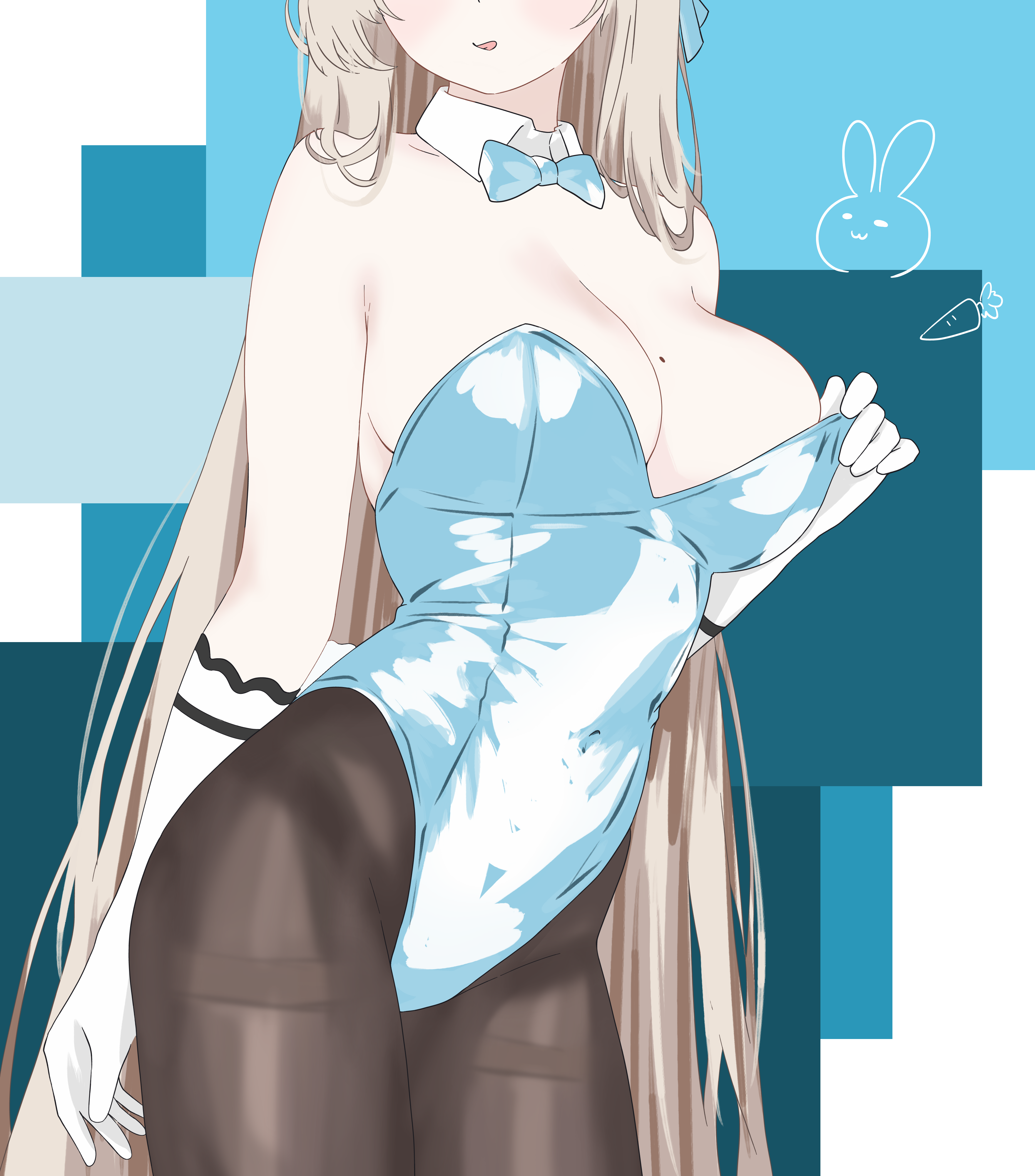 asuna (blue archive), asuna (bunny) (blue archive), blue archive, absurdres, highres, 1girl, 686panda, bare shoulders, blonde hair, blue bow, blue bowtie, blue leotard, blush, bow, bowtie, breasts, cleavage, covered navel, detached collar, eyes out of frame, gloves, head out of frame, highleg, highleg leotard, large breasts, leotard, leotard pull, long hair, mole, mole on breast, official alternate costume, pantyhose, parted lips, solo, thighband pantyhose, white gloves