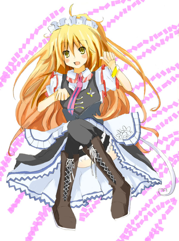 matsushita yuu, original, 1girl, anklet, apron, black thighhighs, blonde hair, blush, boots, female focus, frills, full body, hairband, jewelry, long hair, necktie, sitting, solo, thighhighs, very long hair, yellow eyes