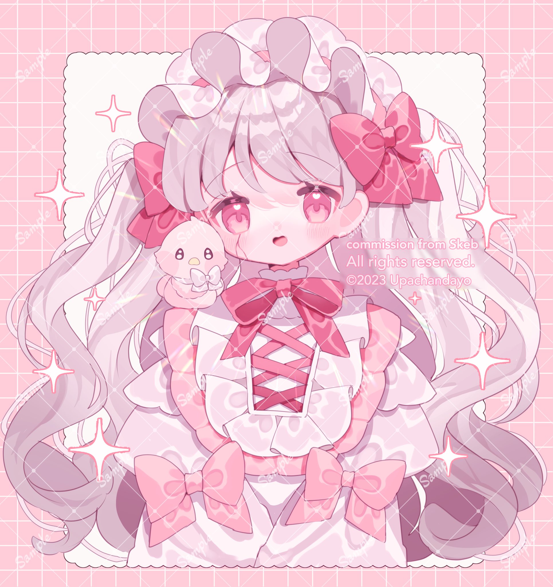 upa papa co, indie virtual youtuber, commentary, commission, highres, skeb commission, 1girl, :d, blush, border, bow, bowtie, frilled hairband, frills, grey hair, hair bow, hairband, long hair, long sleeves, looking at viewer, minami rari, open mouth, outside border, pink border, pink hairband, red bow, red bowtie, red eyes, sample watermark, shirt, simple background, sleeve bow, smile, solo, sparkle, upper body, virtual youtuber, watermark, watermark grid, white background, white shirt