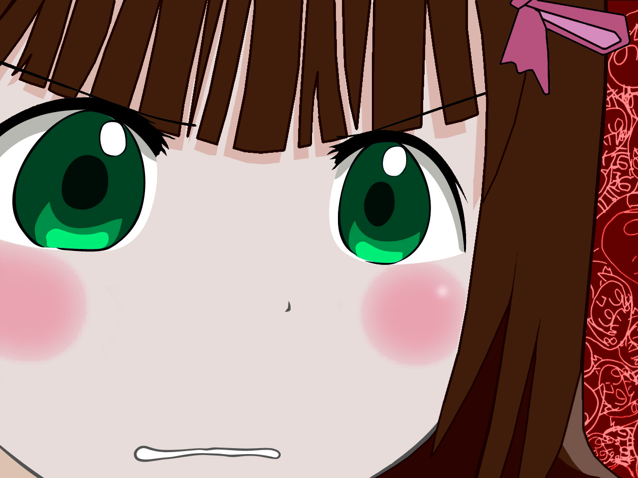 m@cop, amami haruka, nonowa, ichigo mashimaro, idolmaster, idolmaster (classic), 00s, 1girl, brown hair, female focus, green eyes, gununu (meme), hair ribbon, meme, ribbon, solo