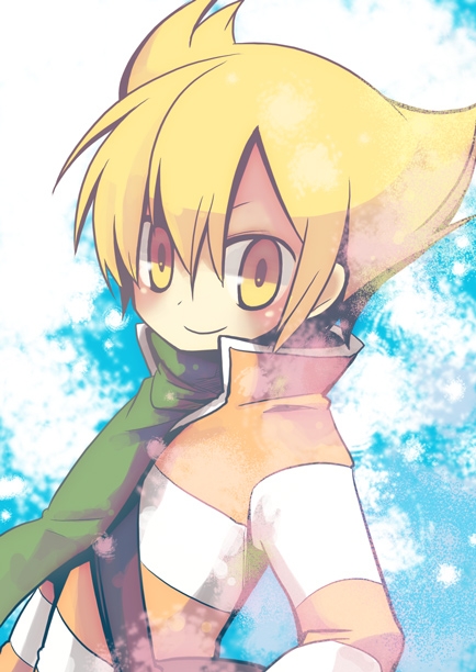 yuzuki gao, barry (pokemon), nintendo, pokemon, pokemon dppt, translation request, 1boy, blonde hair, blush, green scarf, hair between eyes, high collar, looking at viewer, male focus, scarf, shirt, smile, solo, striped clothes, striped shirt, upper body, yellow eyes