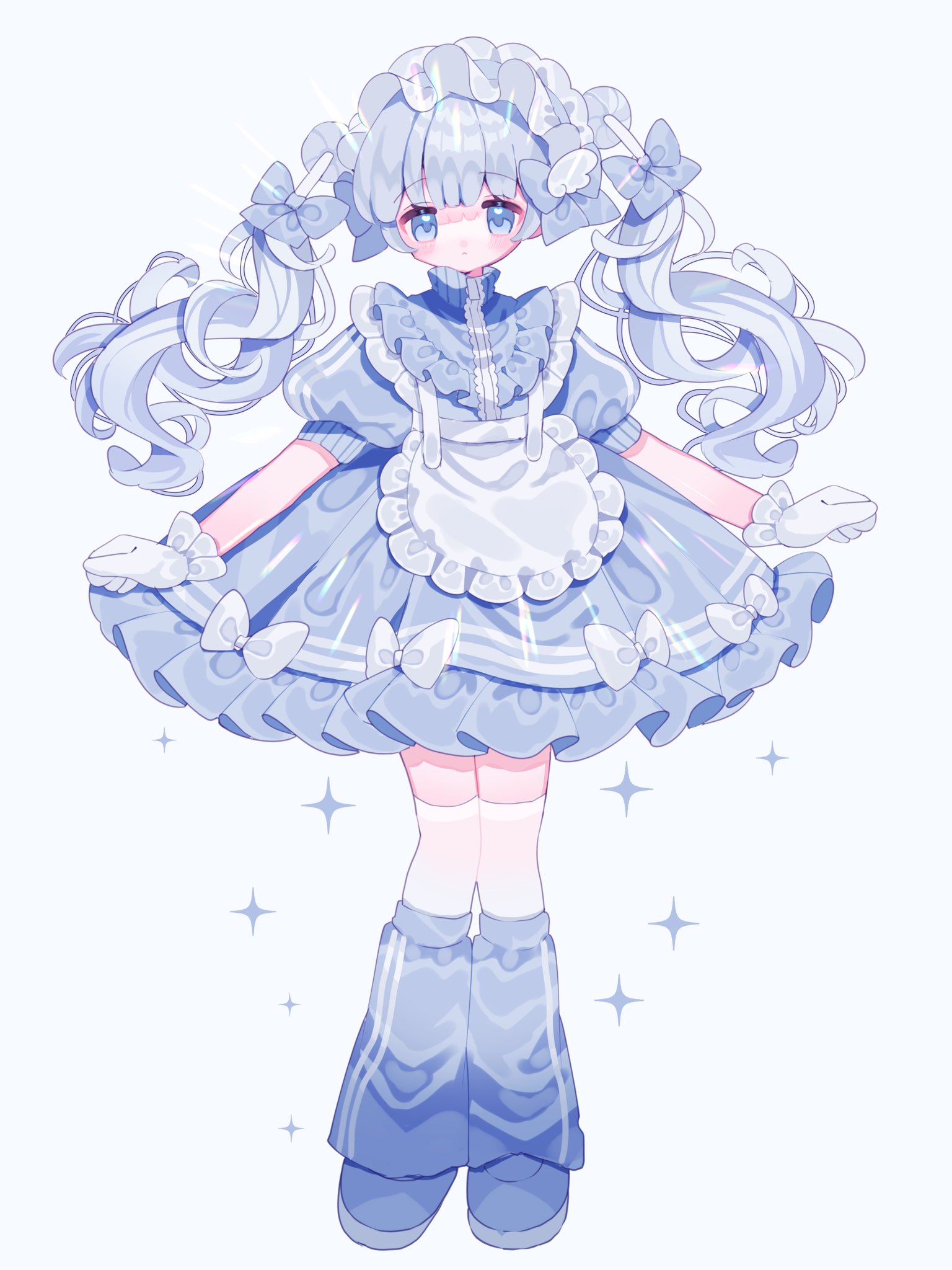 upa papa co, original, commentary, highres, 1girl, apron, blue background, blue bow, blue eyes, blue hair, blue hairband, blue jacket, blue shoes, blue skirt, blunt bangs, blush, bow, bow skirt, closed mouth, frilled apron, frilled gloves, frilled hairband, frilled skirt, frills, full body, gloves, hair bow, hairband, jacket, jersey maid, leg warmers, long hair, looking at viewer, maid, shoes, short-sleeved jacket, short sleeves, simple background, skirt, solo, sparkle, standing, thighhighs, track jacket, twintails, unconventional maid, white apron, white bow, white gloves, white thighhighs