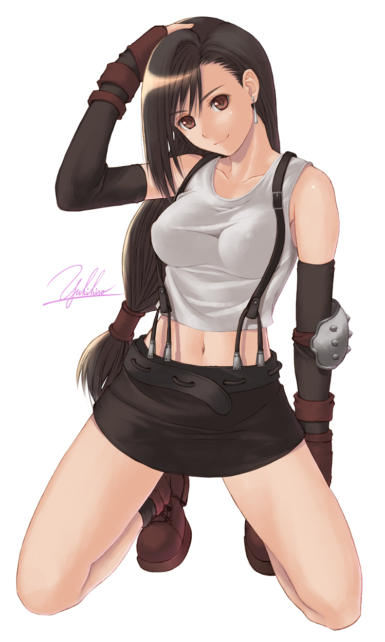 yukihiro, tifa lockhart, final fantasy, final fantasy vii, highres, 1990s (style), 1girl, bare shoulders, belt, black hair, boots, breasts, brown eyes, covered erect nipples, earrings, elbow gloves, female focus, fingerless gloves, full body, gloves, jewelry, kneeling, large breasts, long hair, low-tied long hair, midriff, miniskirt, navel, pencil skirt, retro artstyle, shirt, shoes, signature, simple background, skirt, smile, solo, suspender skirt, suspenders, tank top, taut clothes, taut shirt