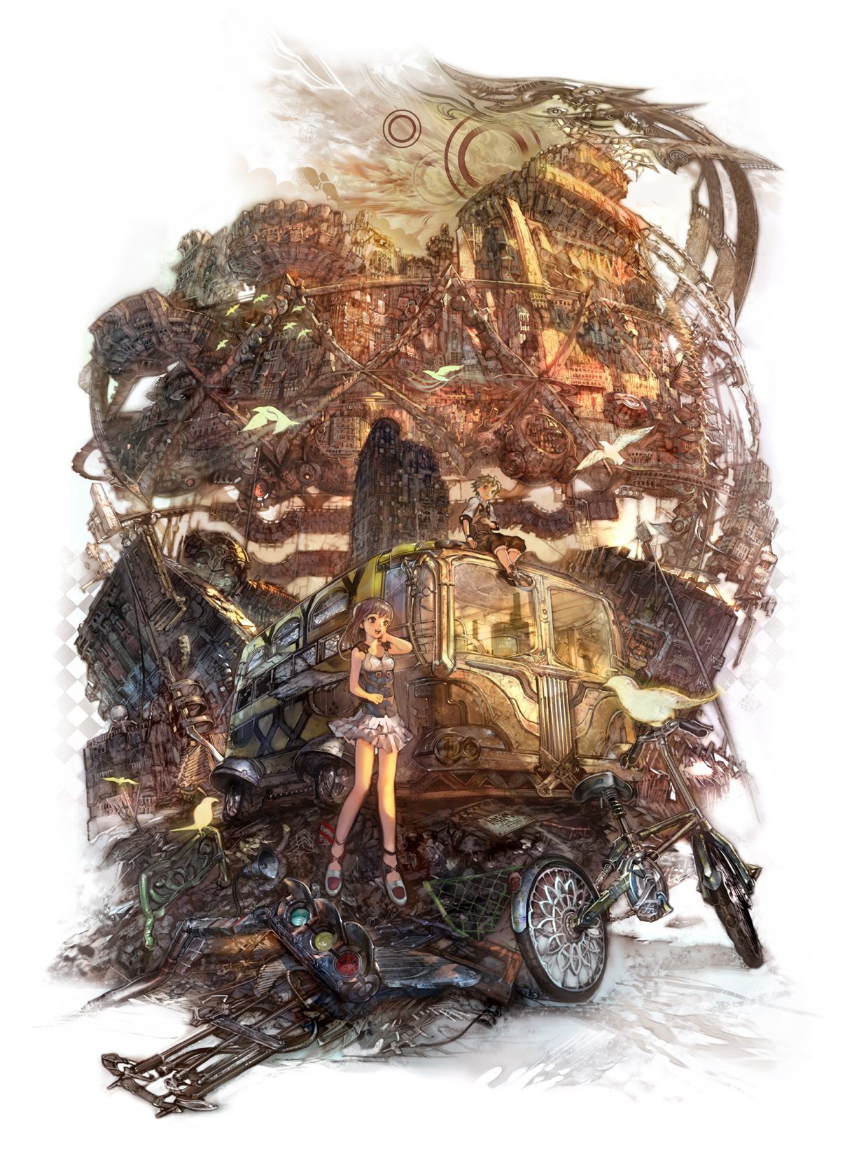 taiki (luster), original, vehicle, bad id, bad pixiv id, highres, 1boy, 1girl, bicycle, bus, motor vehicle, scenery