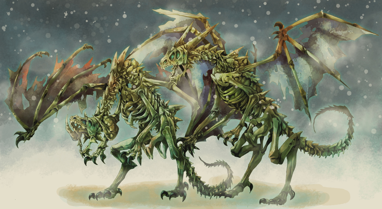 michii yuuki, pixiv fantasia, pixiv fantasia 3, bad id, bad pixiv id, bone, claws, dragon, gigandal federation, horns, skeleton, tail, zombie