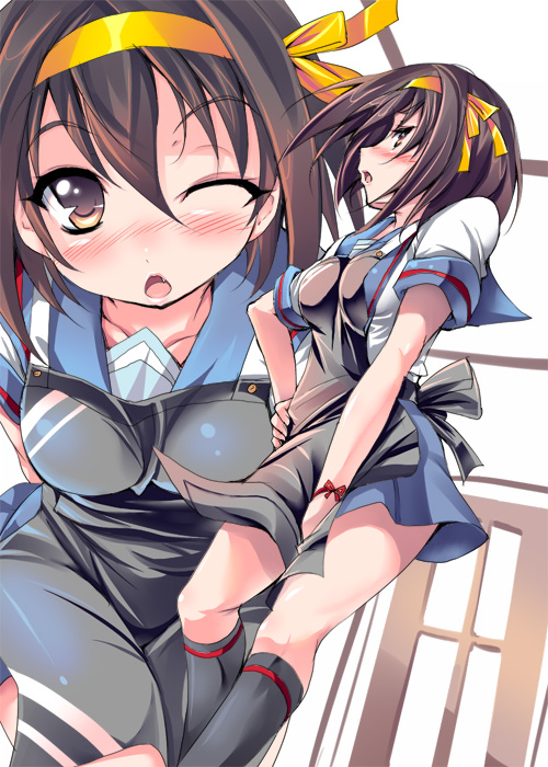 shiranagi, suzumiya haruhi, suzumiya haruhi no yuuutsu, 00s, apron, blush, brown eyes, brown hair, multiple views
