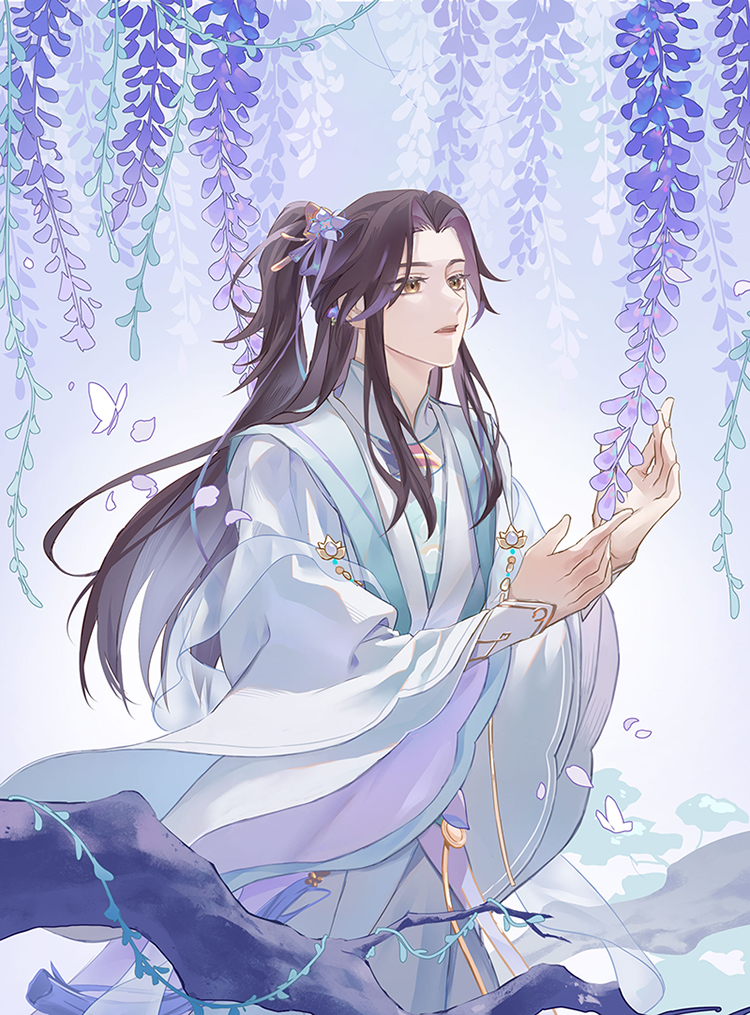 uka (azraeluka), hua yi shanxin zhiyue, chinese commentary, 1boy, aqua vest, brown eyes, brown hair, bug, butterfly, chinese clothes, cowboy shot, curtained hair, flower, hair flower, hair ornament, hair ribbon, half updo, hands up, hanfu, insect, long hair, long sleeves, looking at flowers, male focus, mandarin collar, parted bangs, parted lips, plant, ponytail, purple flower, purple ribbon, purple sleeves, ribbon, see-through clothes, see-through shawl, shawl, shirt, sidelocks, solo, standing, the prince (hua yi shanxin zhiyue), tree, vest, vines, white butterfly, white hanfu, white shawl, white shirt, wide sleeves, wisteria, yuanlingpao