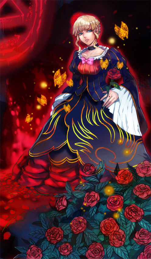 wonagi, beatrice (umineko), umineko no naku koro ni, 00s, 1girl, blonde hair, blue eyes, bow, bug, butterfly, choker, dress, female focus, flower, frills, insect, pink bow, ribbon, rose, solo