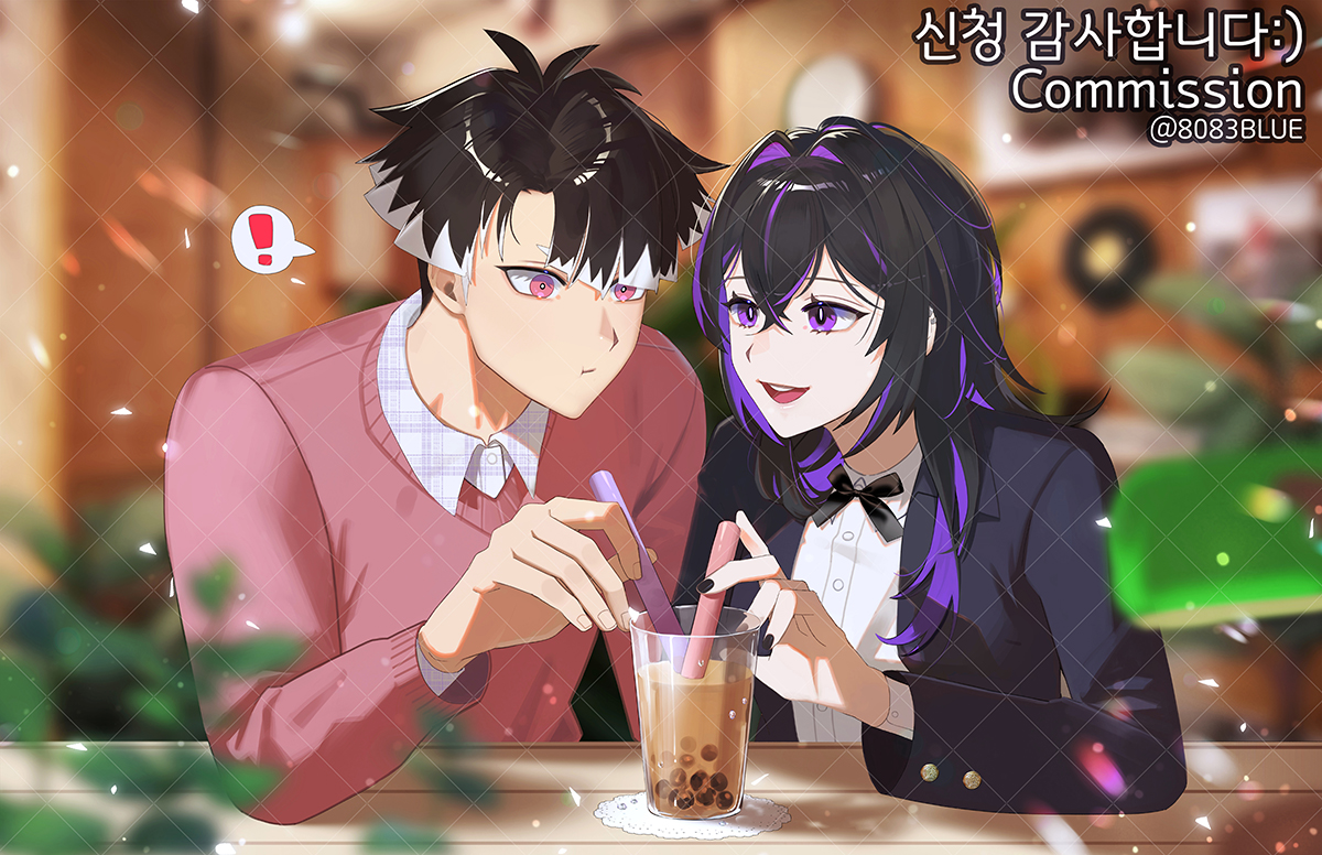 8083 blue, narumi gen, kaijuu no. 8, character request, commentary, commission, !, 1boy, 1girl, artist name, black jacket, black ribbon, blurry, blurry background, bright pupils, bubble tea, buttons, closed mouth, collared shirt, jacket, long sleeves, pink eyes, pink sweater, purple eyes, ribbon, shirt, short hair, spoken exclamation mark, sweater, white pupils, white shirt