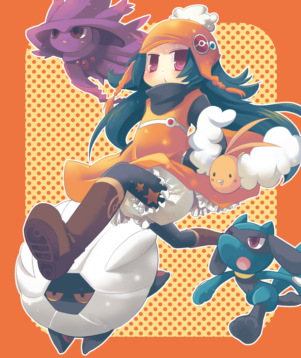 yuzuki gao, mismagius, riolu, shelgon, swablu, nintendo, pixiv trainer, pokemon, character request, 1girl, alternate color, bloomers, blue hair, boots, brown boots, chullo, dress, floating clothes, floating hair, full body, gen 3 pokemon, gen 4 pokemon, hands in pockets, layered sleeves, long sleeves, looking at viewer, o3o, orange dress, pantyhose, pink eyes, pokemon (creature), running, shiny pokemon, short over long sleeves, short sleeves, turtleneck, underwear