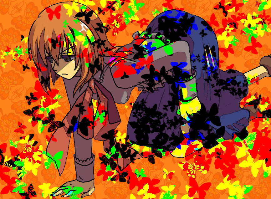mydespair, ushiromiya maria, umineko no naku koro ni, 00s, 1girl, aged up, all fours, black eyes, blue eyes, brown hair, bug, butterfly, female focus, frills, insect, orange hair, ribbon, short hair, skirt, solo