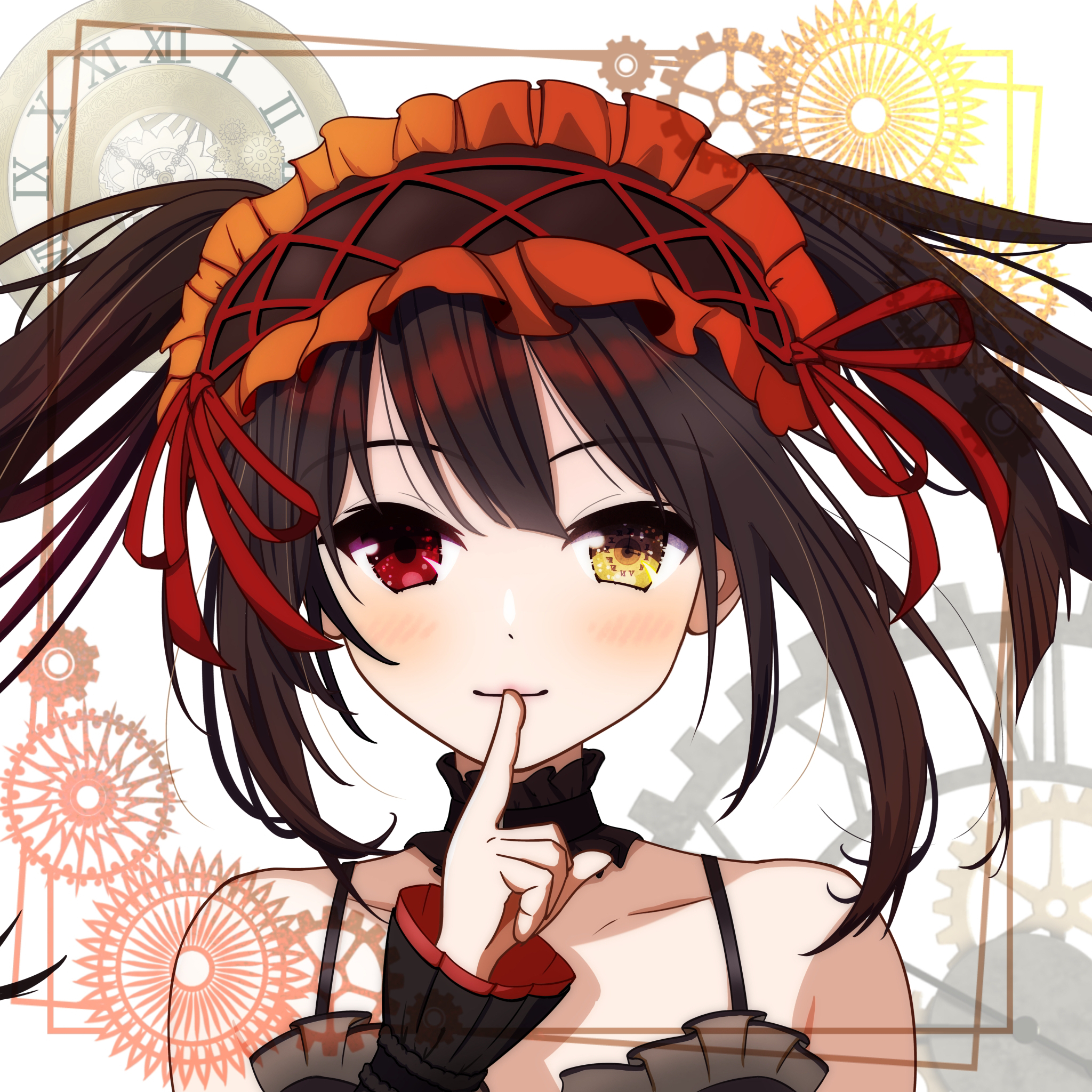 tokisaki kurumi, date a live, commentary, highres, 1girl, bare shoulders, black choker, black hair, blush, choker, clock eyes, collarbone, detached sleeves, finger to mouth, floating hair, frilled choker, frilled hairband, frills, gears, hairband, hand up, heterochromia, index finger raised, lolita hairband, looking at viewer, miyuki murasaki miyukiyukari, orange hairband, portrait, red eyes, solo, spaghetti strap, straight-on, symbol-shaped pupils, twintails, uneven twintails, wide sleeves, yellow eyes
