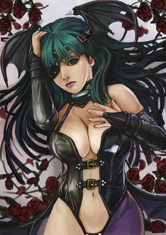 hamoto, morrigan aensland, capcom, darkstalkers, 1girl, alternate costume, bat wings, breasts, buckle straps, cleavage, corset, elbow gloves, eyepatch, female focus, fingerless gloves, flower, gloves, green eyes, green hair, head wings, large breasts, leather, long hair, matching hair/eyes, navel, pantyhose, revealing clothes, rose, solo, wings