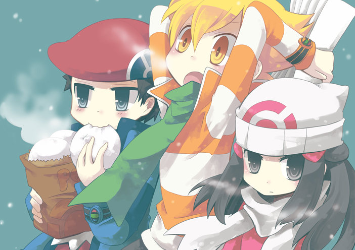 yuzuki gao, barry (pokemon), dawn (pokemon), lucas (pokemon), nintendo, pokemon, pokemon dppt, 1girl, 2boys, arms behind head, arms up, beanie, beret, black hair, blonde hair, blue jacket, blush, dumpling, eating, expressionless, floating hair, food, green scarf, grey eyes, hat, jacket, looking ahead, looking at viewer, multiple boys, open mouth, red hat, scarf, shirt, striped clothes, striped shirt, upper body, wavy mouth, white scarf, yellow eyes