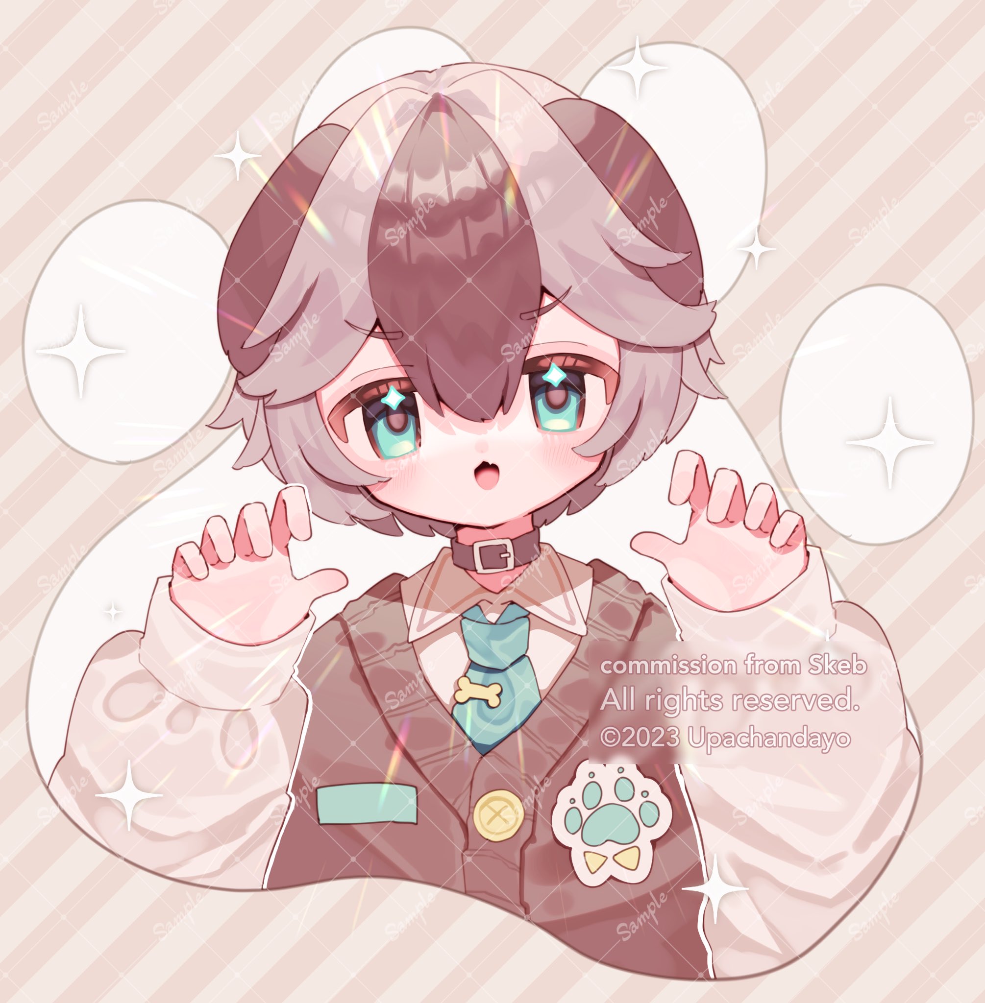 upa papa co, indie virtual youtuber, commentary, commission, highres, skeb commission, 1girl, :d, artist name, blush stickers, brown background, brown choker, brown hair, brown sweater vest, choker, claw pose, collared shirt, double-parted bangs, green eyes, green necktie, grey hair, hair between eyes, hands up, kagalu galola, long sleeves, looking at viewer, multicolored hair, necktie, open mouth, sample watermark, shirt, short hair, smile, solo, sparkle, striped background, sweater vest, two-tone hair, upper body, virtual youtuber, watermark, watermark grid, white shirt