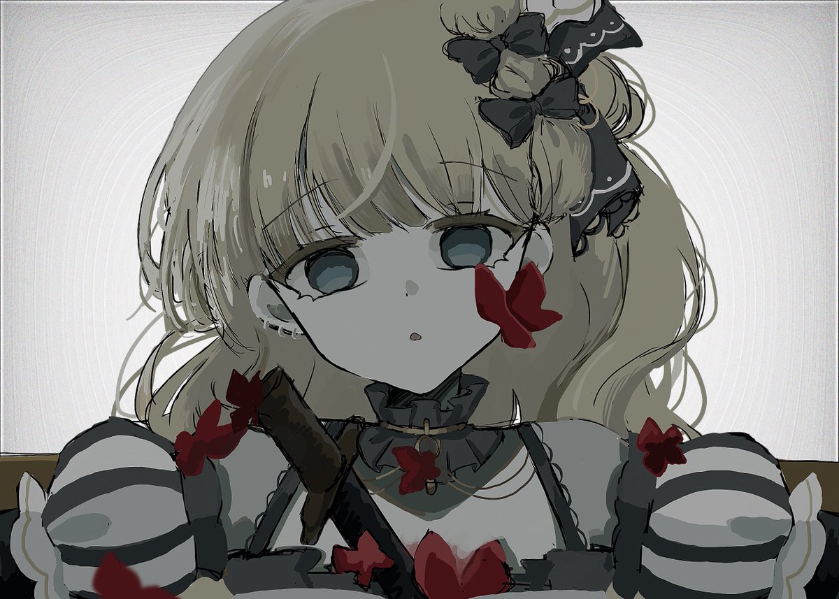 saeki miria, mahou shoujo no majo saiban, commentary request, spoilers, 1girl, black bow, blonde hair, blue eyes, blunt bangs, bow, bug, butterfly, chimono, choker, empty eyes, frilled choker, frills, hair bow, impaled, insect, long hair, looking at viewer, red butterfly, solo, upper body