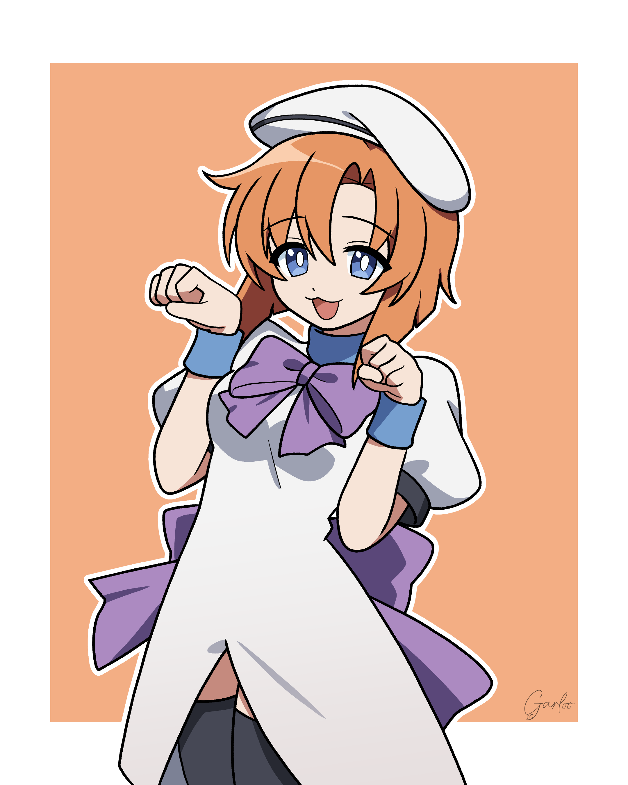 garloo, ryuuguu rena, higurashi no naku koro ni, absurdres, highres, 1girl, :3, black thighhighs, blue eyes, dress, eyelashes, hair between eyes, hat, inktober, open mouth, orange background, orange hair, parted bangs, puffy short sleeves, puffy sleeves, short sleeves, signature, simple background, solo, thighhighs, two-tone background, white background, white dress, white hat