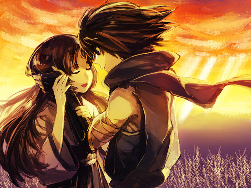 chiko (beroro), kisuke, torahime, oboro muramasa, vanillaware, spoilers, 1boy, 1girl, black hair, couple, hand on another's face, happy, hetero, long hair, ninja, smile, sunset