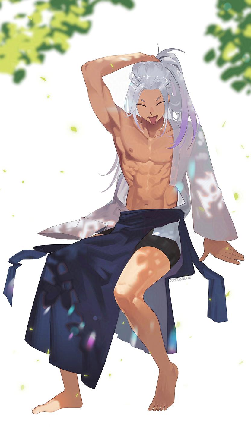 8083 blue, kaijuu no. 8, commentary, highres, 1boy, abs, arm support, arm up, bare pectorals, barefoot, closed eyes, hakama, hoshina soichiro, invisible chair, japanese clothes, long hair, long sleeves, male focus, navel, nipples, pectorals, ponytail, shredded muscles, sitting, solo, tongue, tongue out, white background, white hair