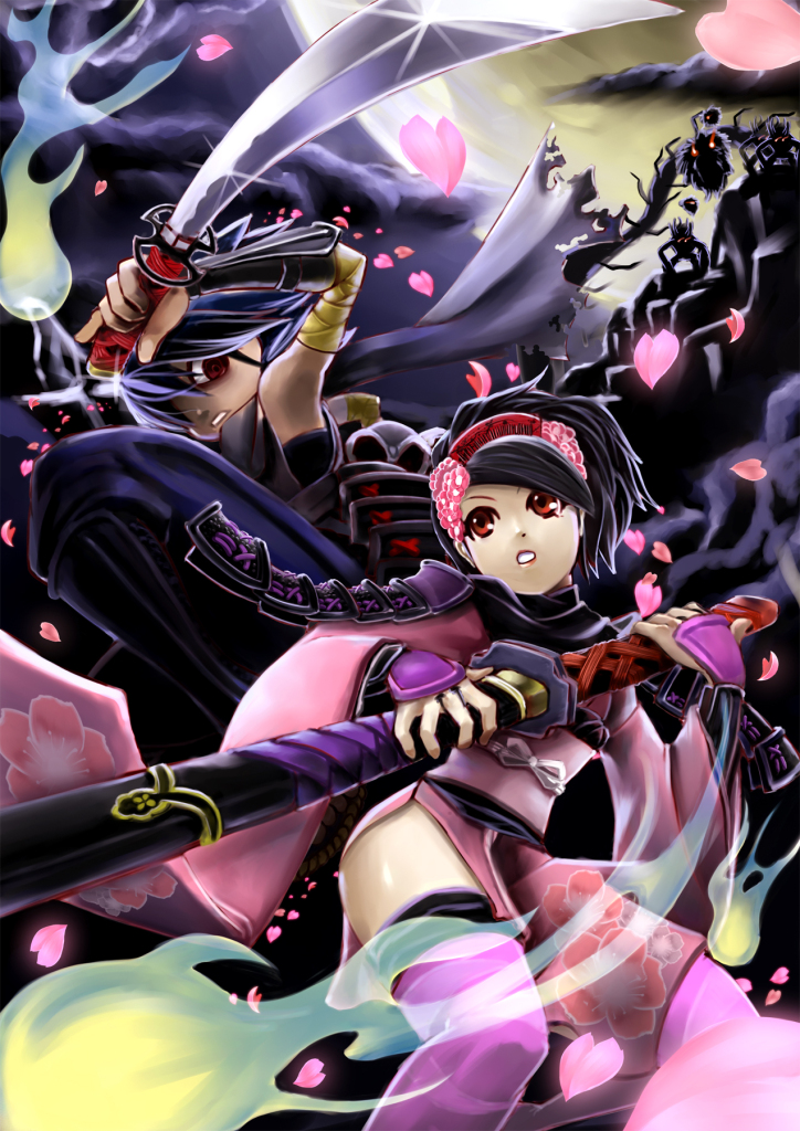 kisuke, momohime, oboro muramasa, vanillaware, 1boy, 1girl, armpits, bare shoulders, black hair, expressionless, holding, holding weapon, long hair, ninja, polearm, rod, short hair, staff, upper body, very long hair, weapon