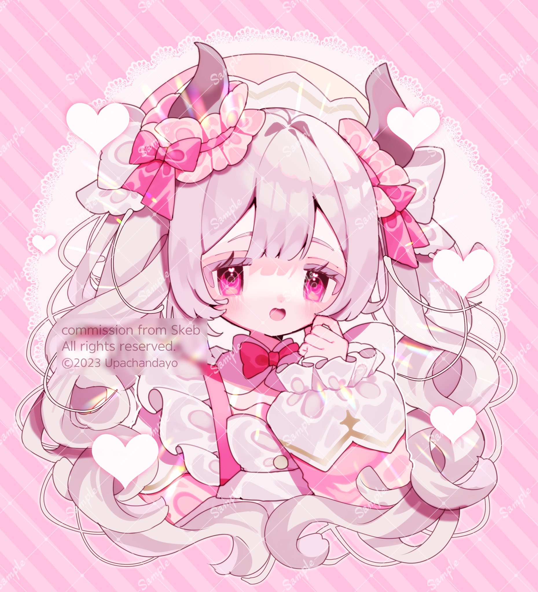 upa papa co, original, commentary, commission, highres, skeb commission, 1girl, :d, blunt bangs, blush, bow, bowtie, double-parted bangs, frilled sleeves, frills, grey hair, hand up, hat, horns, long hair, long sleeves, looking at viewer, open mouth, pink background, pink eyes, pink shirt, red bow, red bowtie, sample watermark, shirt, smile, solo, striped background, twintails, upper body, watermark, watermark grid, white hat