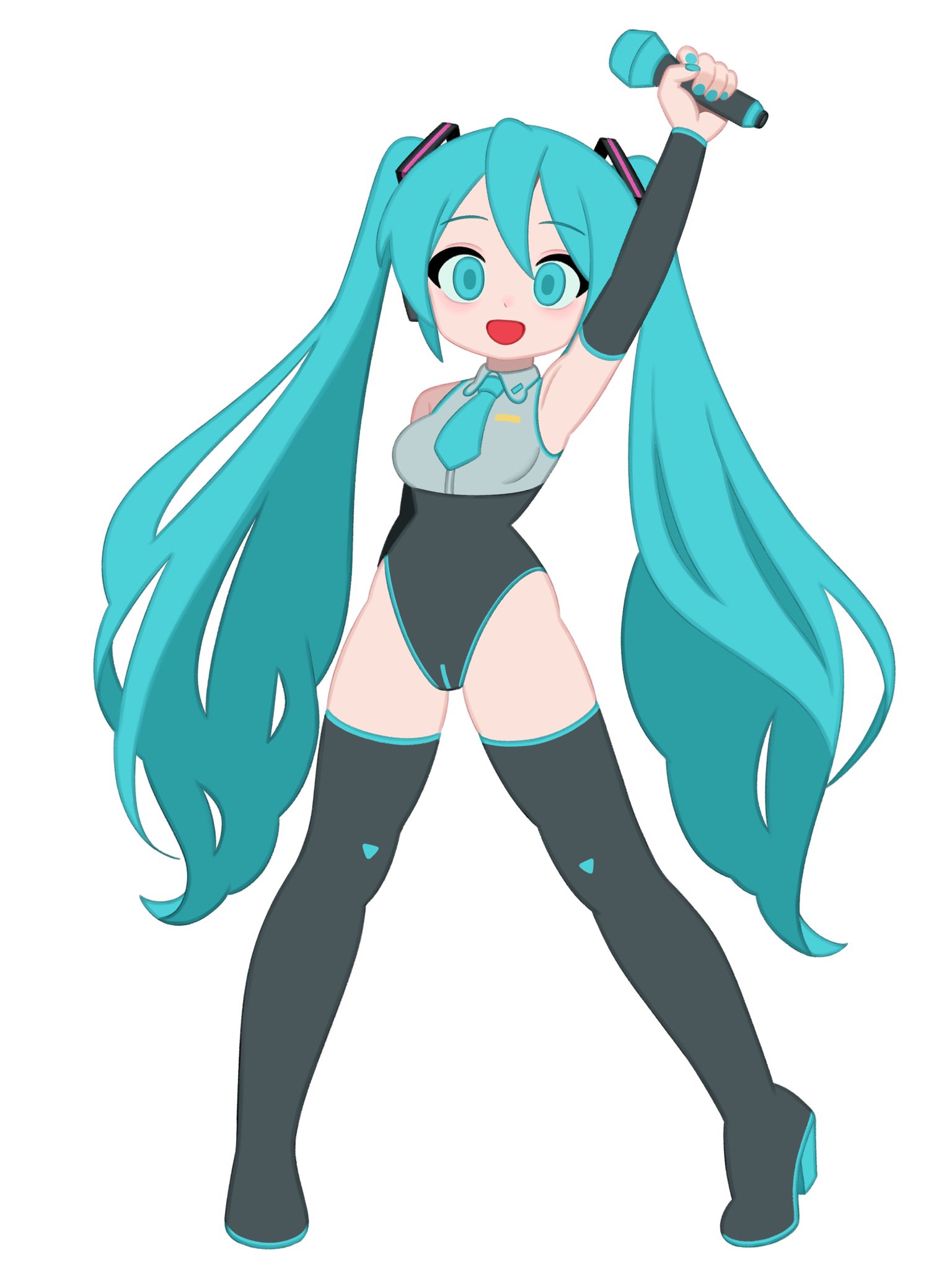 monster l (hochihochiha), hatsune miku, vocaloid, highres, 1girl, :d, alternate costume, aqua eyes, aqua hair, aqua necktie, arm behind back, arm up, black arm warmers, black leotard, black thighhighs, breasts, deformed, full body, grey shirt, holding, holding microphone, leotard, long hair, looking at viewer, medium breasts, microphone, necktie, open mouth, shirt, simple background, sleeveless, sleeveless shirt, smile, solo, thighhighs, twintails, very long hair, white background
