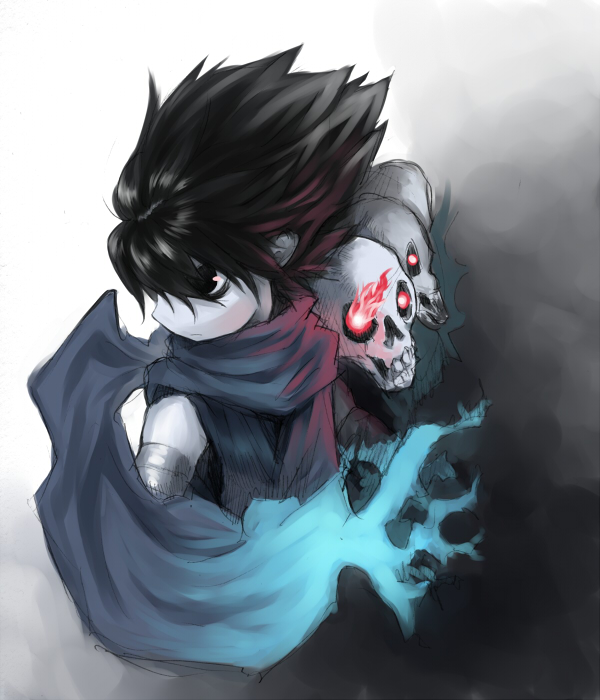 kisuke, oboro muramasa, vanillaware, 1boy, black hair, bodysuit, bone, expressionless, from above, glowing, male focus, ninja, scarf, skull, solo, spiked hair