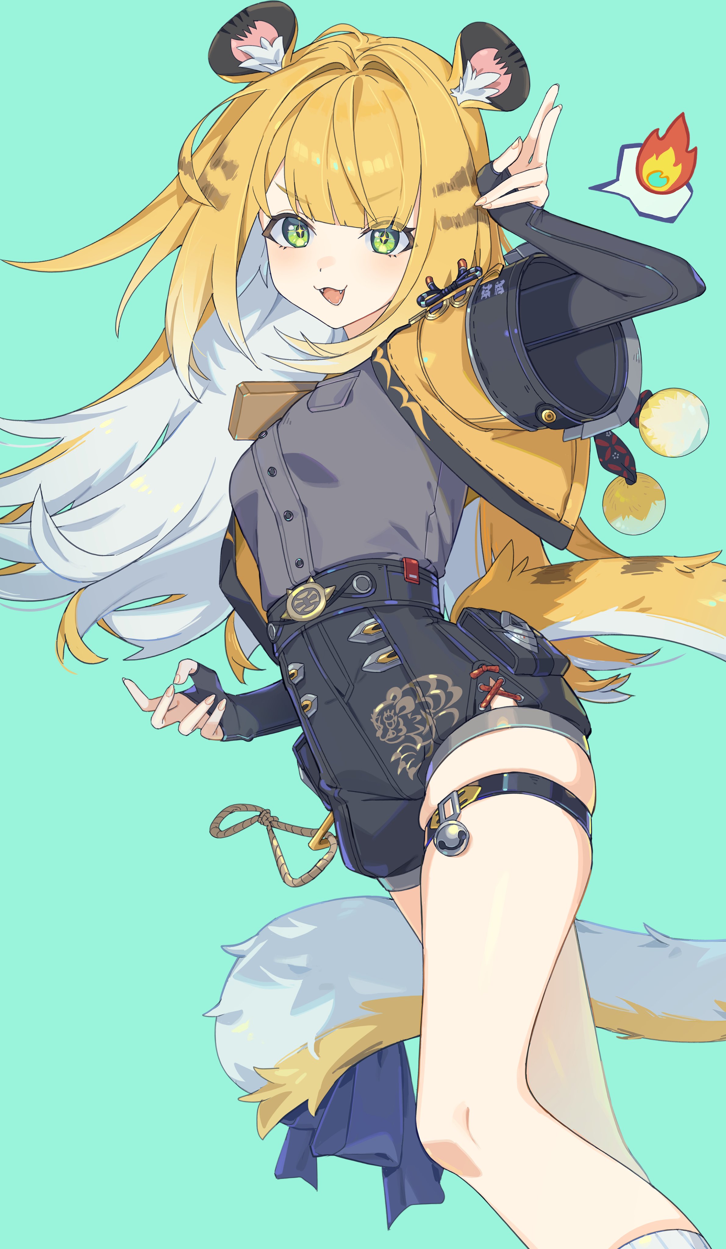 awe (adorableduckyy), ju fufu, zenless zone zero, absurdres, highres, 1girl, animal ears, aqua background, black shorts, blonde hair, breasts, colored inner hair, green eyes, grey shrug, hand up, high-waist shorts, jacket, long hair, looking at viewer, multicolored hair, open mouth, shorts, shrug (clothing), small breasts, smile, solo, tail, thigh strap, white hair, yellow jacket