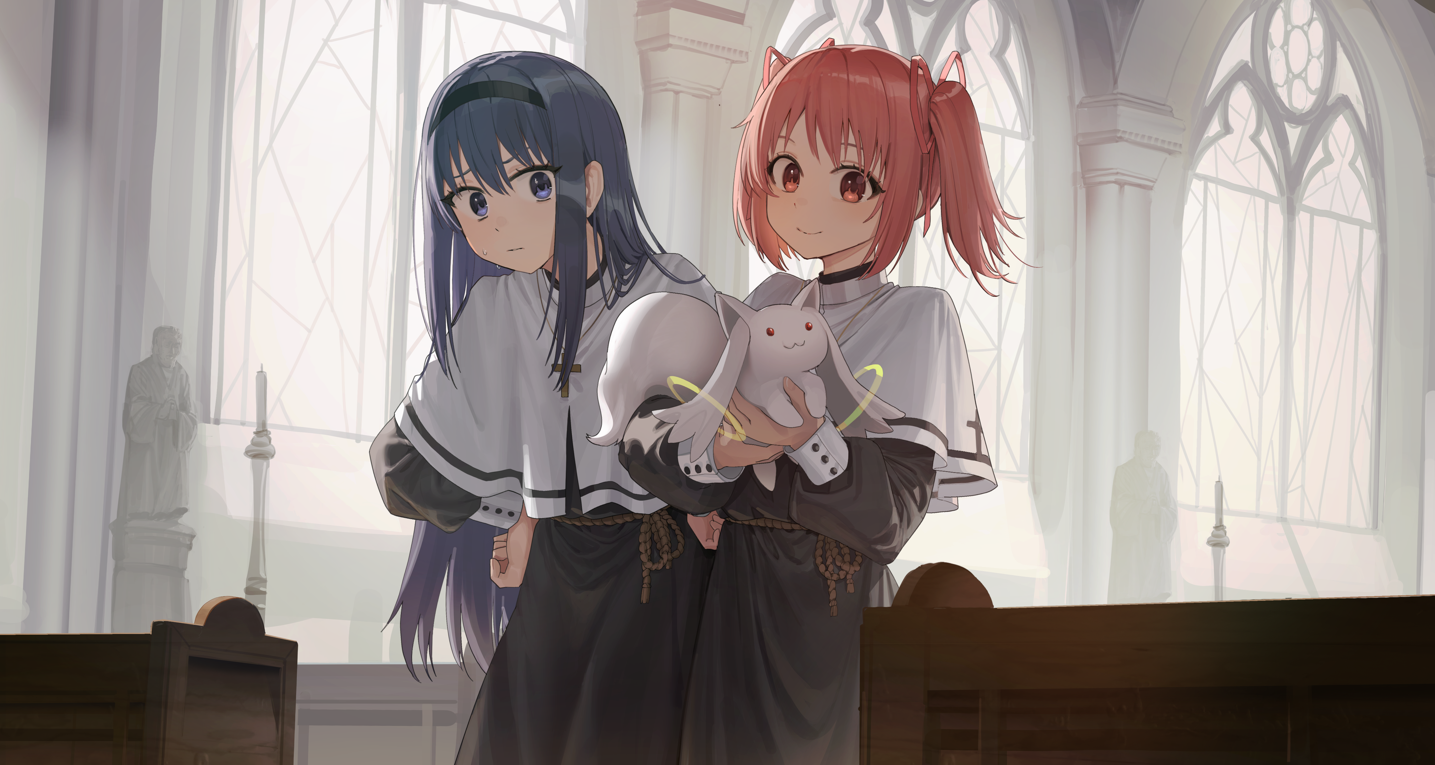 goback, akemi homura, kaname madoka, kyubey, mahou shoujo madoka magica, mahou shoujo madoka magica (anime), absurdres, commentary, highres, symbol-only commentary, 2girls, black hair, black hairband, capelet, carrying, church, closed mouth, hair ribbon, hairband, long hair, looking at another, looking at viewer, multiple girls, pink ribbon, priestess, red eyes, red hair, ribbon, short hair, smile, solo, statue, twintails, white capelet