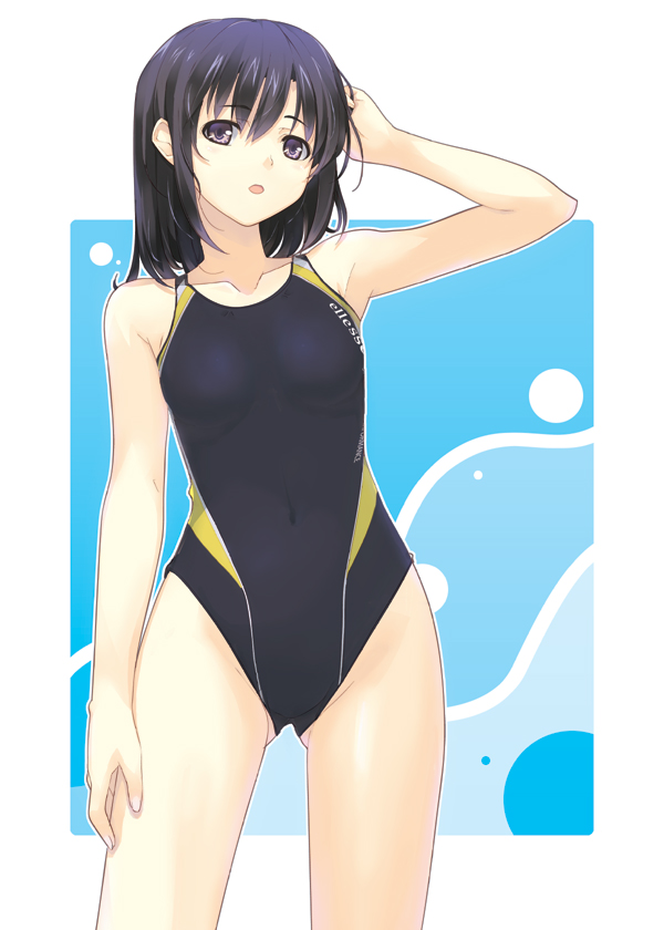 dasoku sentarou, ellesse, 1girl, :o, arm up, bare arms, bare shoulders, black hair, blue hair, breasts, collarbone, competition swimsuit, cowboy shot, female focus, hair between eyes, legs, looking at viewer, medium breasts, one-piece swimsuit, open mouth, outline, purple eyes, purple hair, solo, standing, swimsuit, white outline
