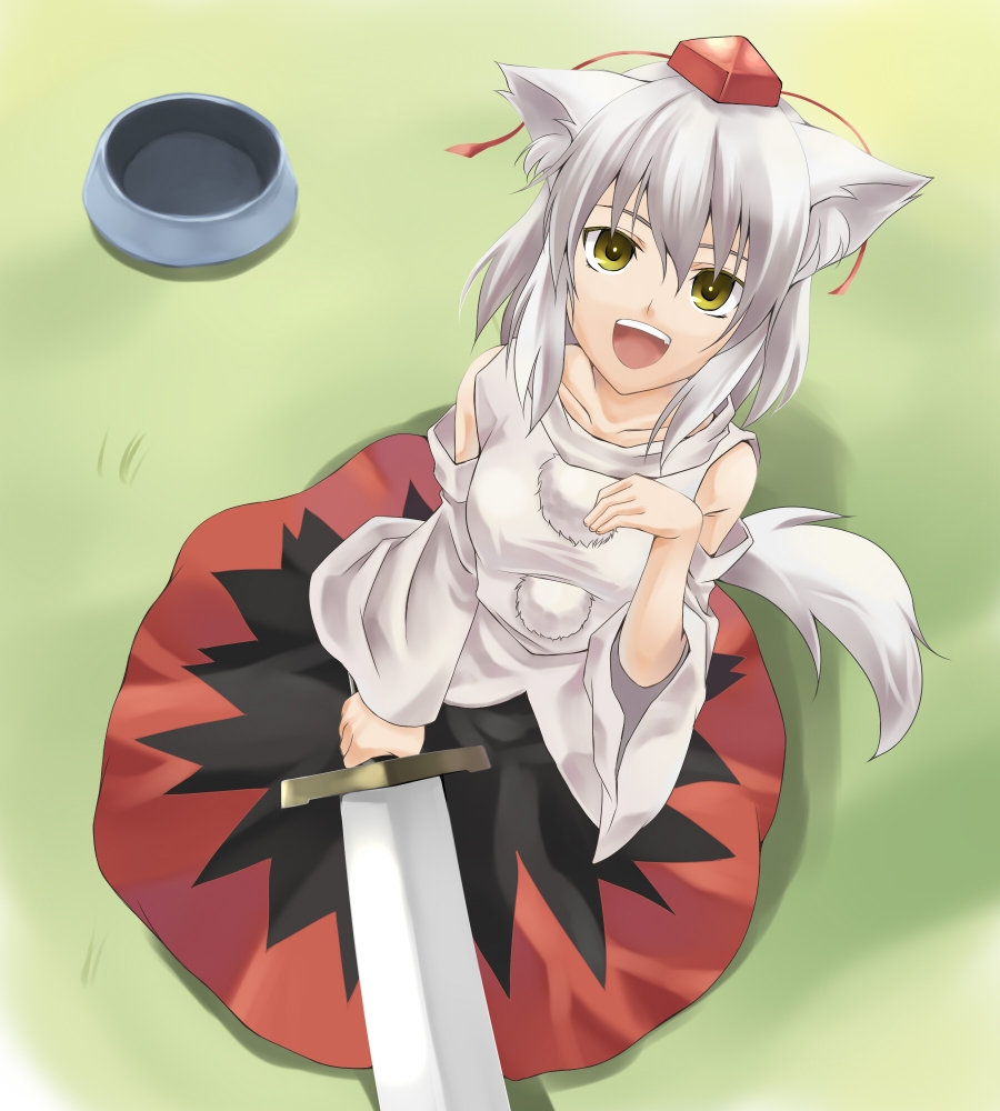 tadokoro teppei, inubashiri momiji, touhou, silver hair, bad id, bad pixiv id, 1girl, animal ears, bare shoulders, detached sleeves, female focus, hat, kneeling, looking up, open mouth, smile, solo, sword, tail, tokin hat, weapon, wolf ears, wolf tail, yellow eyes