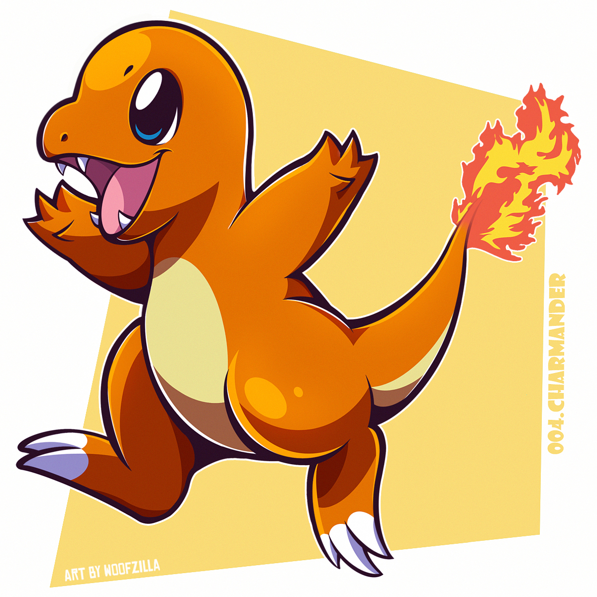 woofzilla, charmander, nintendo, pokemon, commentary, english commentary, highres, arms up, blue eyes, bright pupils, character name, closed mouth, fangs, fire, flame-tipped tail, full body, gen 1 pokemon, no humans, nostrils, open mouth, pokedex number, pokemon (creature), solo, tail, white pupils