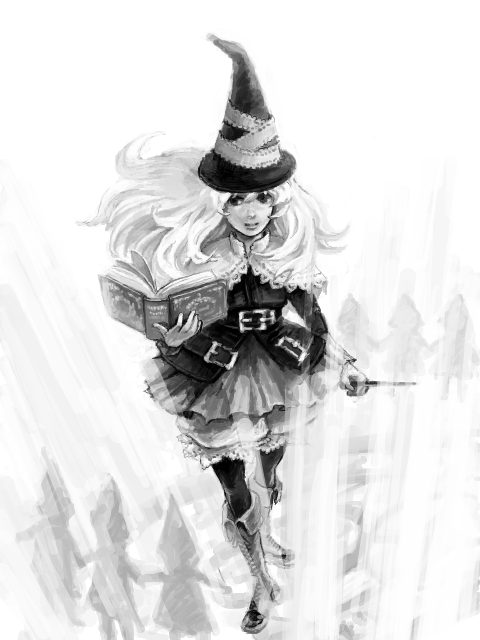 lillet blan, grimgrimoire, vanillaware, 1girl, blonde hair, book, boots, female focus, greyscale, hat, long hair, monochrome, pantyhose, solo, wand, witch, witch hat, wizard hat