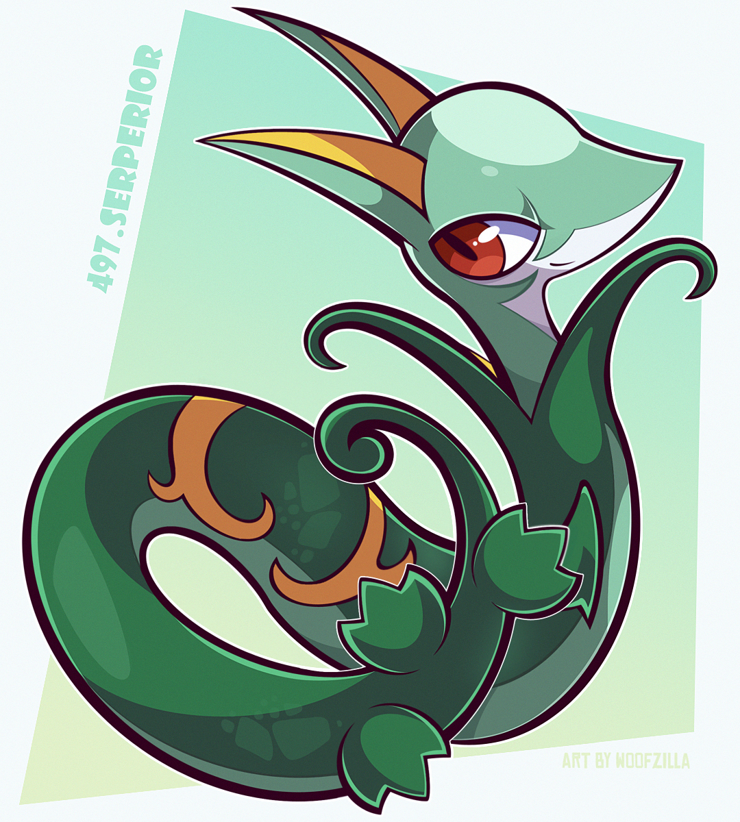 woofzilla, serperior, nintendo, pokemon, commentary, english commentary, highres, border, bright pupils, character name, full body, gen 5 pokemon, no humans, pokedex number, pokemon (creature), red eyes, smile, solo, white border, white pupils