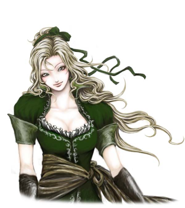daburoku, maria renard, castlevania: symphony of the night, castlevania (series), konami, 1girl, blonde hair, bow, breasts, cleavage, female focus, frills, gloves, hair ribbon, large breasts, long hair, ribbon, smile, solo