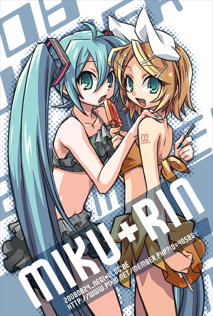 negi (ulog'be), hatsune miku, kagamine rin, vocaloid, bad id, bad pixiv id, 2girls, aqua eyes, aqua hair, bikini, blonde hair, bow, food, hair bow, long hair, multiple girls, pencil, popsicle, short hair, swimsuit, very long hair