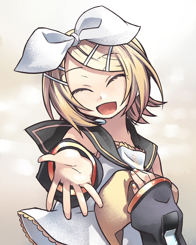 negi (ulog'be), kagamine rin, vocaloid, bad id, bad pixiv id, 1girl, aqua eyes, blonde hair, bow, closed eyes, female focus, gradient background, hair bow, solo