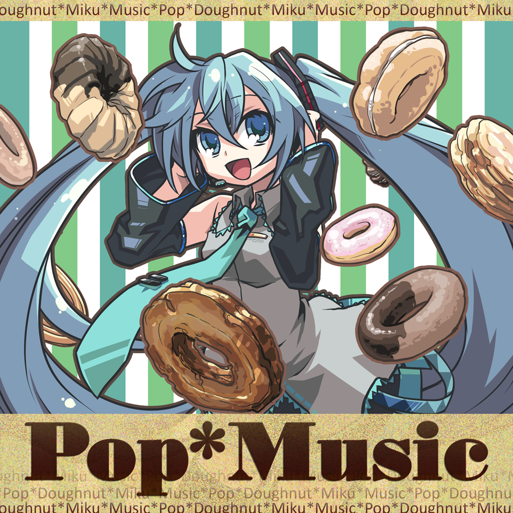 negi (ulog'be), hatsune miku, vocaloid, bad id, bad pixiv id, 1girl, aqua eyes, aqua hair, donut, female focus, food, long hair, necktie, old-fashioned donut, solo, twintails, very long hair