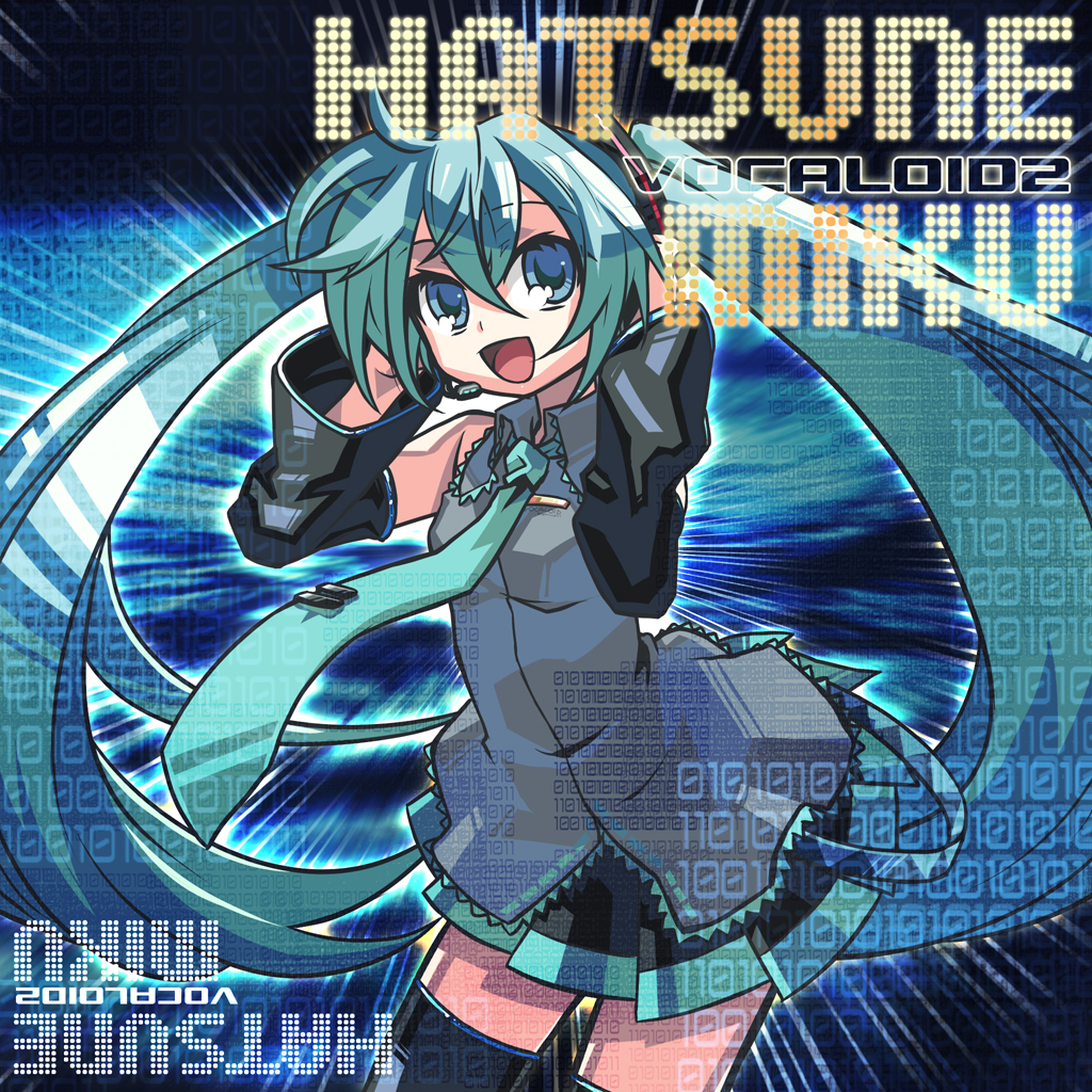 negi (ulog'be), hatsune miku, vocaloid, bad id, bad pixiv id, 1girl, aqua eyes, aqua hair, black thighhighs, detached sleeves, female focus, hair ornament, headphones, laughing, long hair, microphone, miniskirt, necktie, pleated skirt, skirt, smile, solo, standing, thighhighs, twintails, very long hair