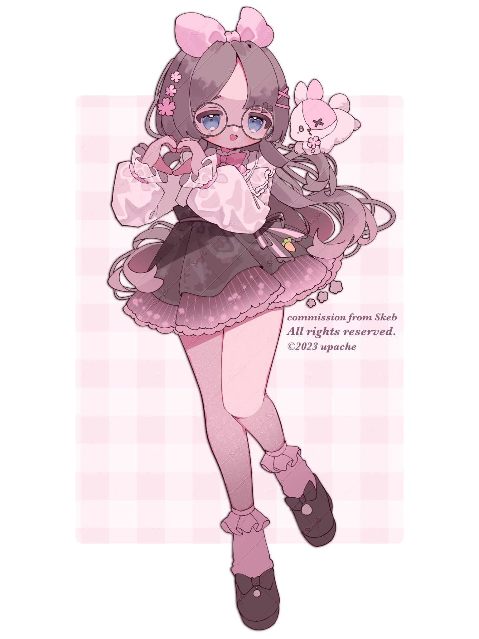 upa papa co, indie virtual youtuber, character request, commentary, commission, highres, skeb commission, 1girl, :d, artist name, blue eyes, blush, bow, bowtie, brown bow, brown hair, brown shoes, brown skirt, footwear bow, frilled sleeves, frilled socks, frills, full body, glasses, hair ornament, hair ribbon, heart, heart hands, long hair, long sleeves, looking at viewer, open mouth, parted bangs, pink bow, pink bowtie, pink ribbon, pink socks, rabbit, ribbon, round eyewear, shirt, shoes, skirt, smile, socks, solo, standing, standing on one leg, virtual youtuber, watermark, white shirt, x hair ornament